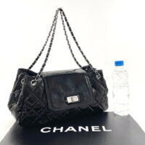 Chanel Leather Chain Patent Shoulder Bag Matelasse Black